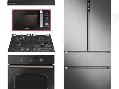 Modern Kitchen Appliances Collection With Stainless Steel Microwave Gas Stove Oven And Refrigerator 3d model