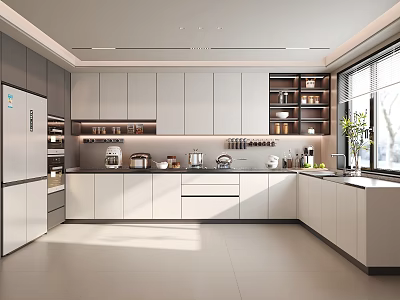 Modern Kitchen Interior Design With White Cabinets Shelves Refrigerator Window And Appliances 3d model