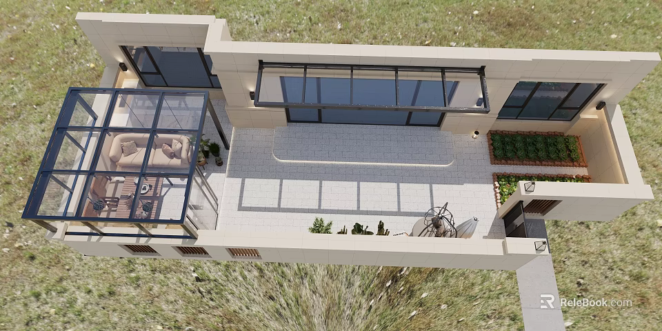 Modern Villa Balcony Design Including Glass Sunroom Greenery And Lounge Area 3d model 