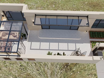 Modern Villa Balcony Design Including Glass Sunroom Greenery And Lounge Area 3d model