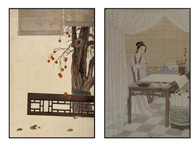Traditional Chinese Paintings Showing Ancient Lady And Persimmon Tree With Bamboo Curtain Interior 3d model