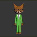 Cartoon Fox Character Wearing Green Suit And Glasses Standing On Gray Background