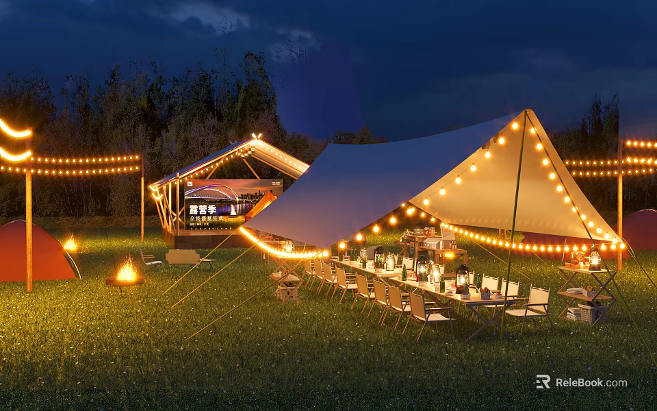 Outdoor Night Garden Landscape with Tents String Lights Dining Chairs Bonfire and Trees on Grass 3d model 