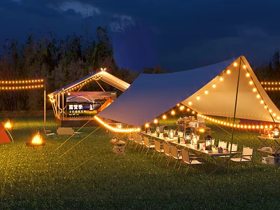 Outdoor Night Garden Landscape with Tents String Lights Dining Chairs Bonfire and Trees on Grass 3d model