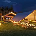 Outdoor Night Garden Landscape with Tents String Lights Dining Chairs Bonfire and Trees on Grass