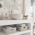 Minimalist Bathroom Accessories With Shell Shaped Mirror Woven Baskets Towels And Toiletries