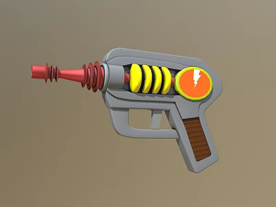 Futuristic Gun With Red Spiral Component Yellow Energy Rings Orange Lightning Symbol And Brown Grip 3d model