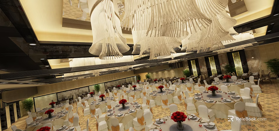 Luxury Spacious Banquet Hall With Unique Ceiling Decor And Elegantly Arranged Round Dining Tables 3d model 