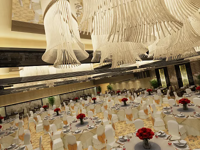 Luxury Spacious Banquet Hall With Unique Ceiling Decor And Elegantly Arranged Round Dining Tables 3d model