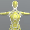 Futuristic Yellow Female Robot With Black Lines And Arms Outstretched In Pose