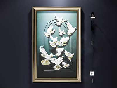 White Doves Animal Painting With Golden Frame On Black Wall And Spotlight 3d model