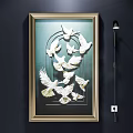 White Doves Animal Painting With Golden Frame On Black Wall And Spotlight