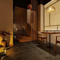 Japanese Restaurant Interior With Wooden Counter Hanging Lanterns Bottle Shelves And Wall Art