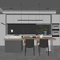 Modern Kitchen Interior With Grey Cabinets Black Island Marble Countertop Hanging Lights And Green Plant