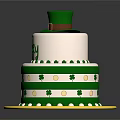 Lucky Green Two Tiered Cake With Clover Patterns White Decorations And Green Hat Topper 3d model