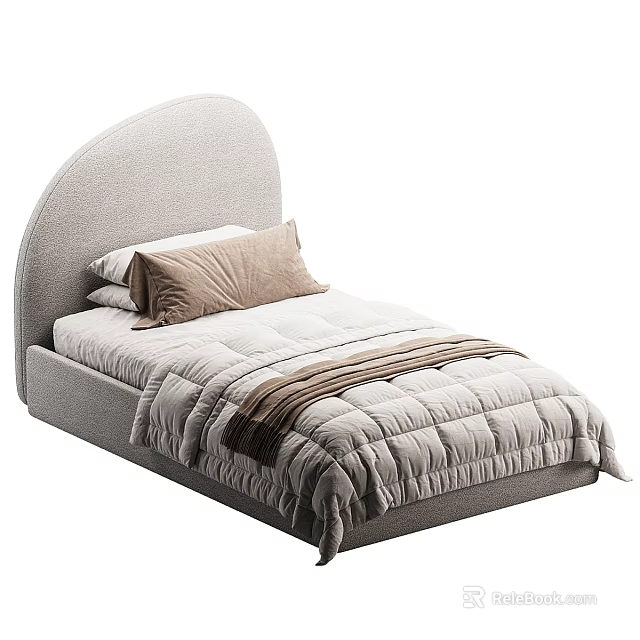 Modern Light Gray Single Bed With Curved Upholstered Headboard Pillows And Striped Quilt 3d model 