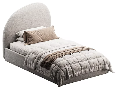 Modern Light Gray Single Bed With Curved Upholstered Headboard Pillows And Striped Quilt 3d model