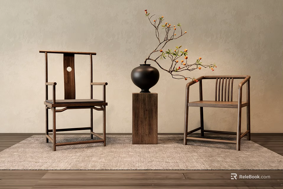 Traditional Chinese Wooden Leisure Chairs With Vase Branches On Beige Wall Background 3d model 