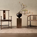 Traditional Chinese Wooden Leisure Chairs With Vase Branches On Beige Wall Background