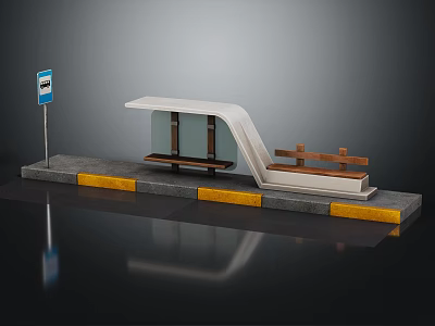 Modern Bus Stop Platform with Shelter Bench Information Sign and Yellow Safety Lines 3d model