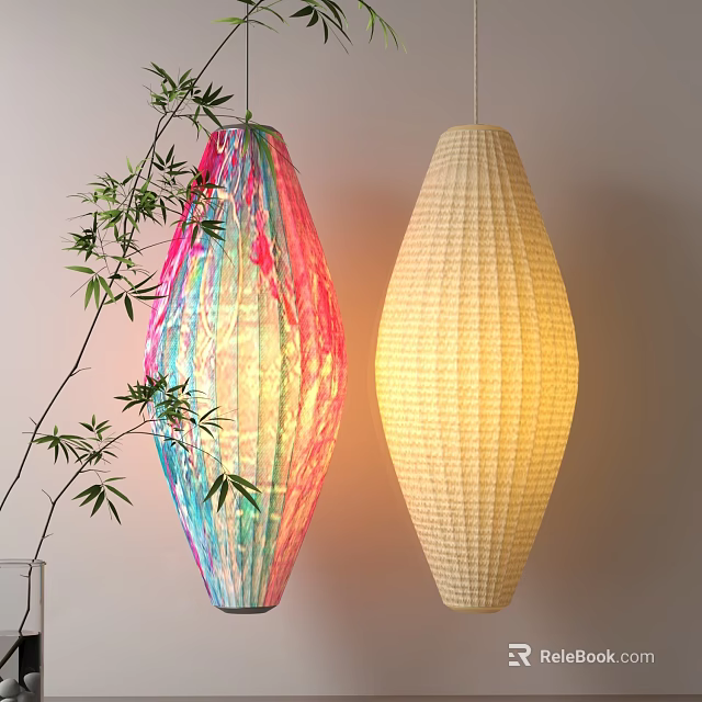 Colorful And Beige Woven Lanterns With Bamboo Plant In Modern Interior 3d model 