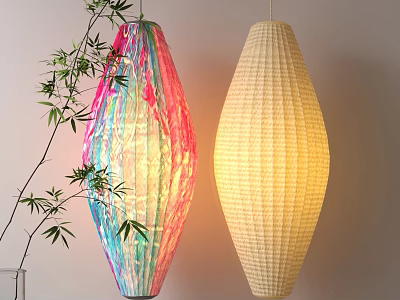Colorful And Beige Woven Lanterns With Bamboo Plant In Modern Interior 3d model