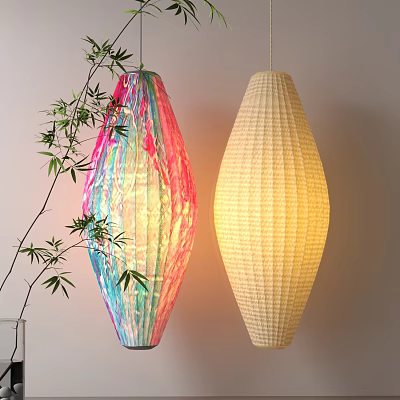 Colorful And Beige Woven Lanterns With Bamboo Plant In Modern Interior 3d model