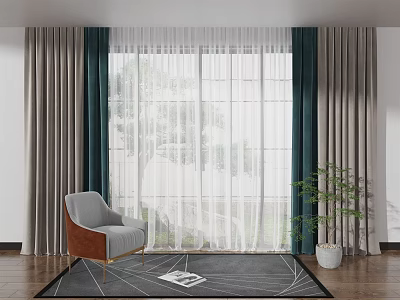 Double Layer Green And Gray Curtains With Chair Plant And Wooden Floor In Living Room Window 3d model