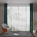 Double Layer Green And Gray Curtains With Chair Plant And Wooden Floor In Living Room Window