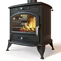 Freestanding Black Fireplace With Glass Door Burning Flames And Chimney Design