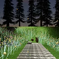 Dandelion Shaped Outdoor Lights Illuminate Evening Stone Path With Trees And Grass
