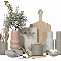 Modern Kitchen Utensils Set with Wooden Cutting Board Ceramic Teapot Bowls Eggs and Dried Plants