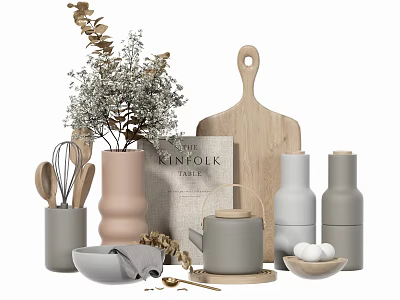 Modern Kitchen Utensils Set with Wooden Cutting Board Ceramic Teapot Bowls Eggs and Dried Plants 3d model