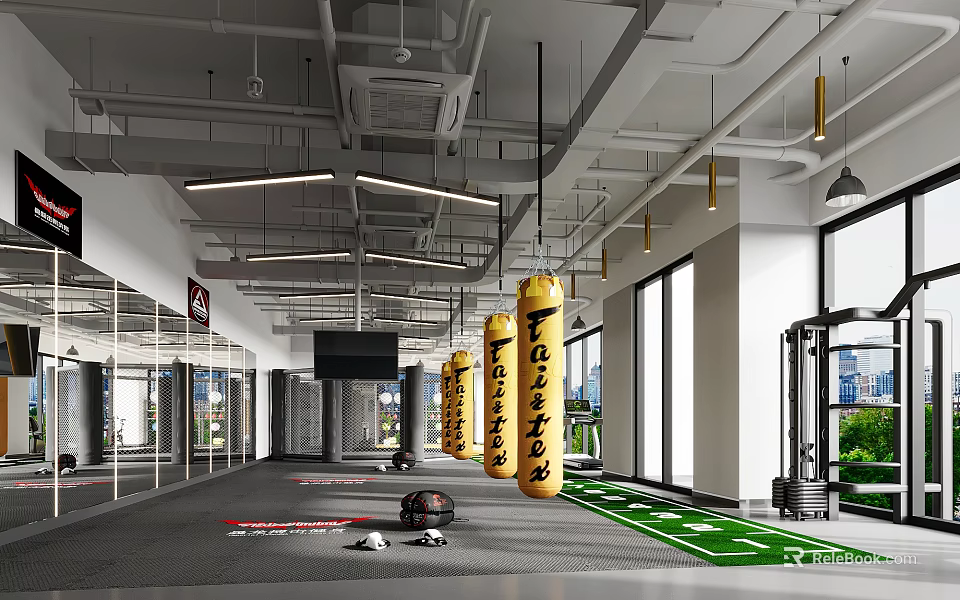 Modern Fitness Gym Interior With Hanging Yellow Punching Bags Green Mats And City View Windows 3d model 
