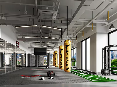Modern Fitness Gym Interior With Hanging Yellow Punching Bags Green Mats And City View Windows 3d model