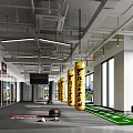 Modern Fitness Gym Interior With Hanging Yellow Punching Bags Green Mats And City View Windows