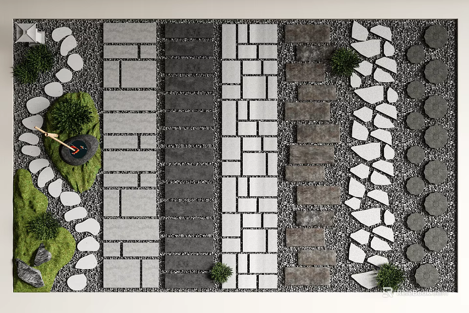 Stepping Stones Garden Path Design With Various Stone Patterns And Green Plants 3d model 