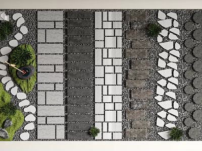 Stepping Stones Garden Path Design With Various Stone Patterns And Green Plants 3d model