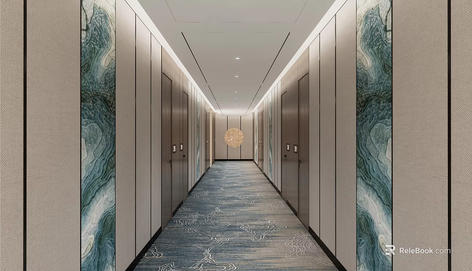 Elegant Hotel Corridor Interior Design With Marble Wall Decor Patterned Carpet And Ceiling Lights 3d model 