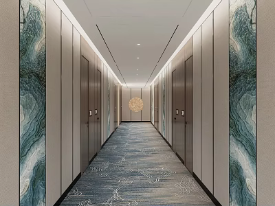 Elegant Hotel Corridor Interior Design With Marble Wall Decor Patterned Carpet And Ceiling Lights 3d model