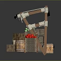 Fresh Fruit Stall With White Canopy Colorful Red Yellow Green Fruits Wooden Barrels And Crates