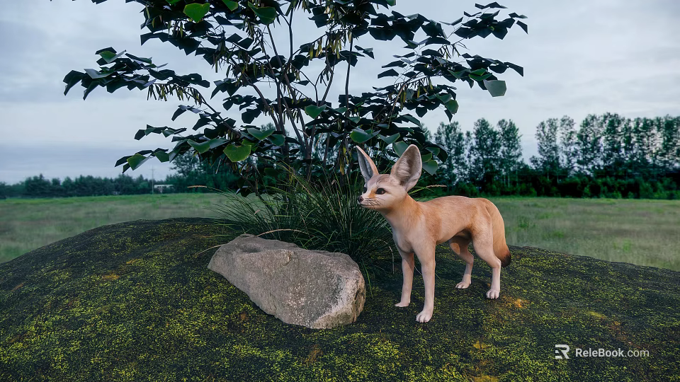 Wild Reptile Lizard Standing On Stone Near Green Tree In Open Grassland 3d model 