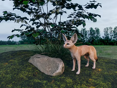 Wild Reptile Lizard Standing On Stone Near Green Tree In Open Grassland 3d model