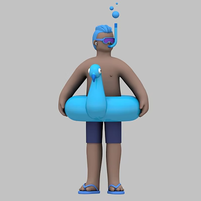 Man With Blue Hair Wearing Snorkel Mask Holding Blue Swan Shaped Inflatable Ring 3d model