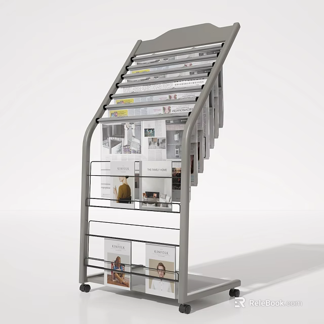 Public Facility Modern Newspaper Rack With Multi Layer Metal Frame Holding Various Magazines 3d model 