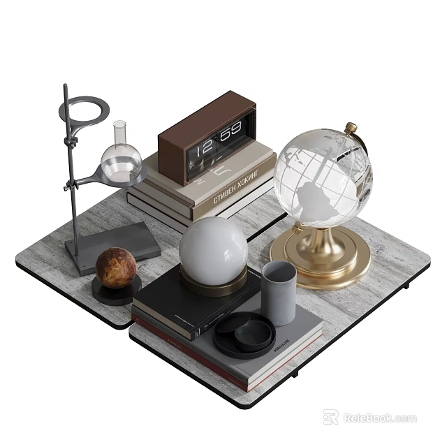 Stylish Decorative Ornament Set With Glass Globe Wooden Clock Beaker Stand And White Sphere 3d model 