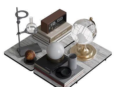 Stylish Decorative Ornament Set With Glass Globe Wooden Clock Beaker Stand And White Sphere 3d model