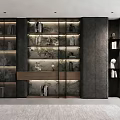 Modern Bookcase with Glass Doors and Layered Shelves and Decorative Items in Contemporary Interior