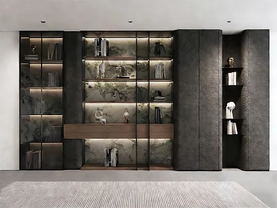 Modern Bookcase with Glass Doors and Layered Shelves and Decorative Items in Contemporary Interior 3d model