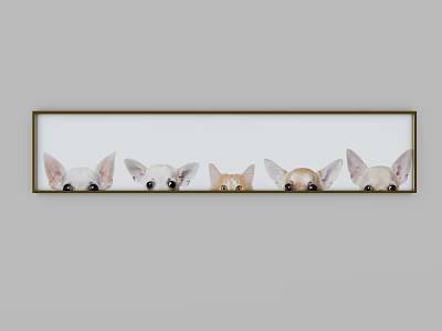 Animal Painting Featuring Five Peeking Chihuahuas and Cat Heads Gold Frame and White Background 3d model